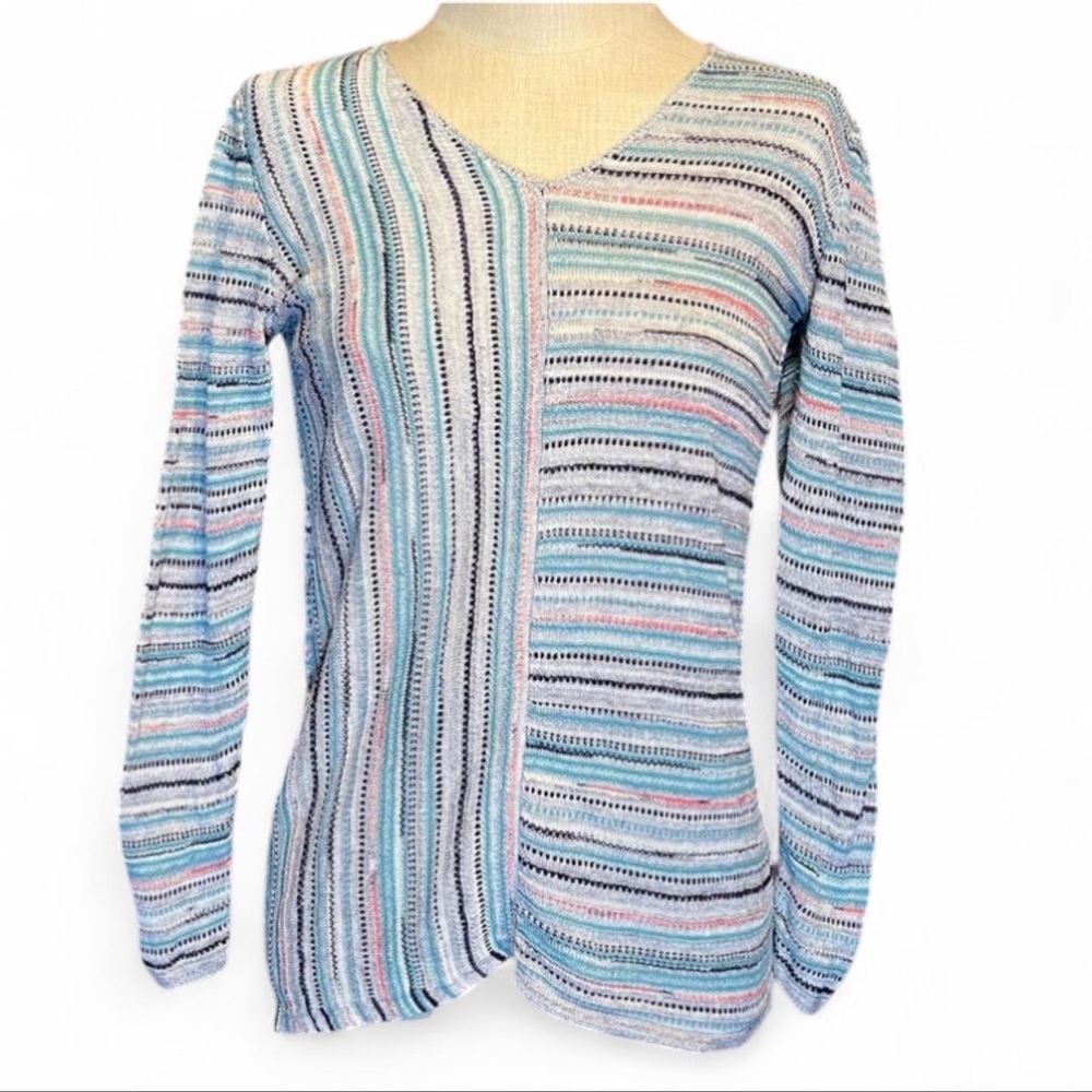 🩵Linen Blend NIC+ZOE Pastel Multicolor Striped V-Neck Lightweight Sweater